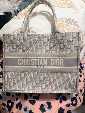 Auth Christian Dior Trotter Oblique Book Canvas Gray White Tote Bag